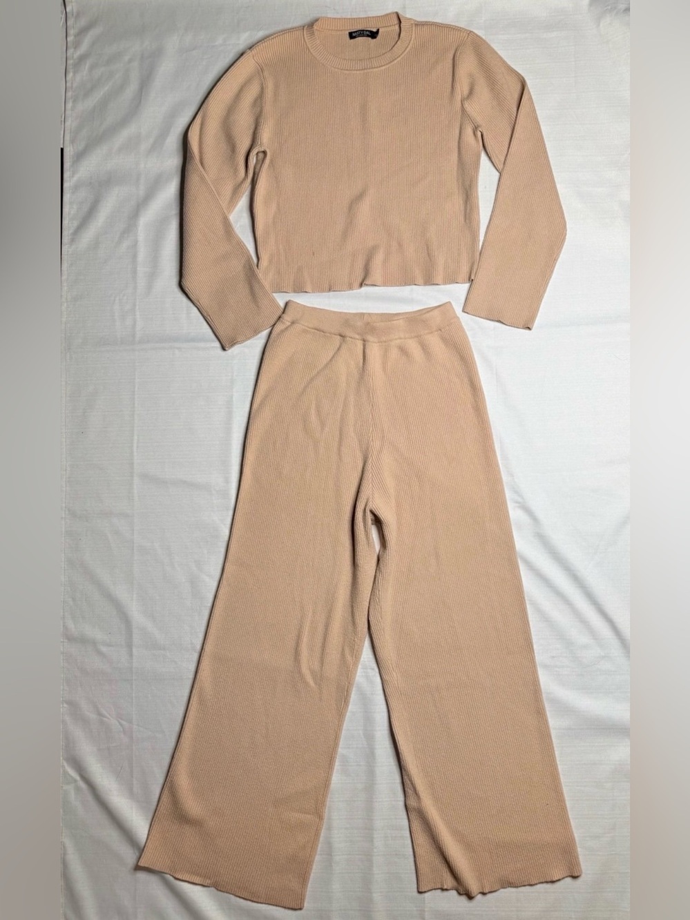 Nasty Girl Women’s Ribbed Wide Leg Trouser & Crop Top Lounge Set Nude Medium